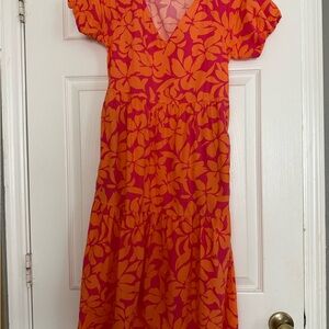 J. Crew Orange and Pink Floral V-Neck Midi Dress